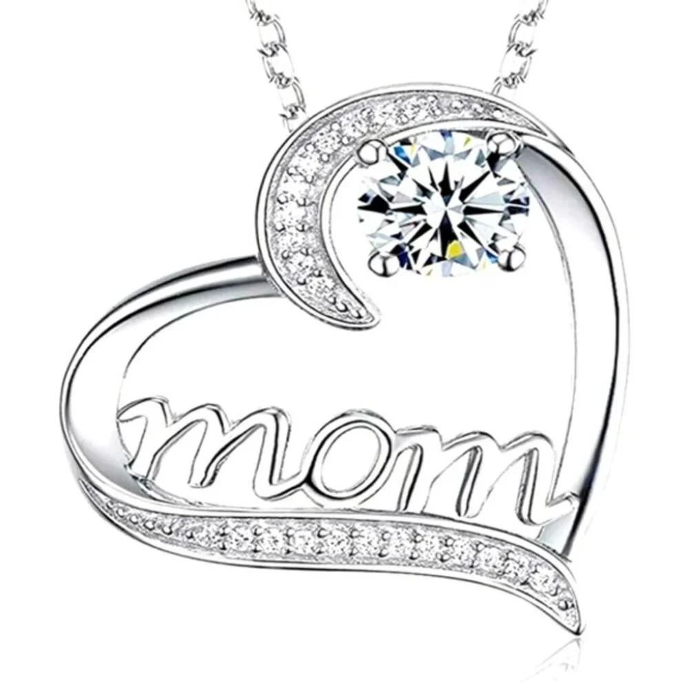 New Beautiful 925 Silver Diamond Mom Heart Necklace